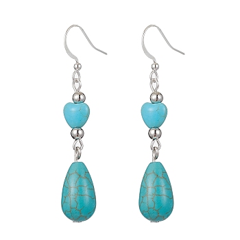 Teardrop & Heart Synthetic Turquoise Dangle Earrings, Silver Plated Brass Earring for Women, 56~57x10mm