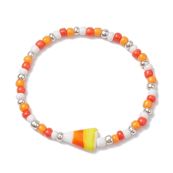 Halloween Candy Corn Acrylic & Glass Seed Beaded Stretch Bracelets Women, Orange, Inner Diameter: 2 inch(5.2cm)