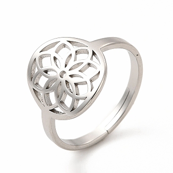 304 Stainless Steel Flower Adjustable Ring for Women, Stainless Steel Color, US Size 6(16.5mm)