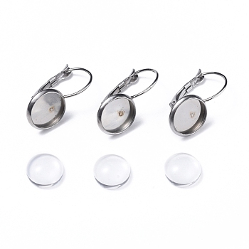 DIY Earring Making, with 304 Stainless Steel Leverback Earring Findings and Transparent Oval Glass Cabochons, Stainless Steel Color, Cabochons: 9.5~10x3.5mm, 1pc/set, Earring Findings: 21x12mm, Tray: 10mm, Pin: 0.8mm, 1pc/set