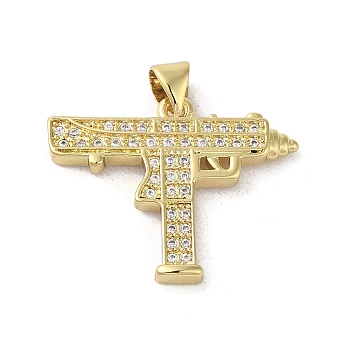 Rack Plating Brass Micro Pave Cubic Zirconia Pendants, Gun, Long-Lasting Plated, Cadmium Free & Lead Free, Real 18K Gold Plated, 20x25x2.5mm, Hole: 4x3mm