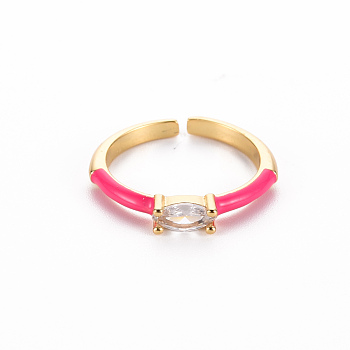 Brass Enamel Cuff Rings, Open Rings, Solitaire Rings, with Clear Cubic Zirconia, Nickel Free, Horse Eye, Golden, Deep Pink, US Size 7(17.3mm)
