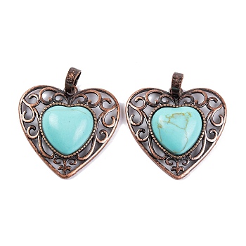 Synthetic Turquoise Peach Love Heart Pendants, Rack Plating Brass Hollow Heart Charms, Cadmium Free & Lead Free, Red Copper, 29.5x30.5x7.5mm, Hole: 7.5x5mm