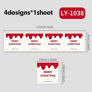 Christmas Theme Paper Self-Adhesive Stickers, for Presents Decoration, Square, 38x38x0.1mm, 4 Pcs/sheet.