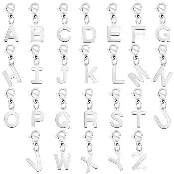 201 Stainless Steel Letter A~Z Pendant Decoration, with 304 Stainless Steel Lobster Claw Clasps, Stainless Steel Color, 24mm, 26 style, 1pc/style, 26pcs/set