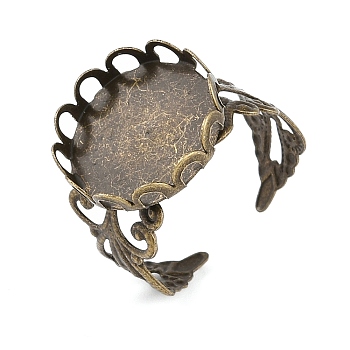 Flat Round Iron Open Cuff Ring Components, Filigree Pad Ring Settings, Antique Bronze, Tray: 16mm, Adjustable