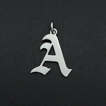 304 Stainless Steel Pendants, with Jump Ring, Old English, Letter, Laser Cut, Stainless Steel Color, Letter.A, 16.5x14.5x1mm, Hole: 3mm