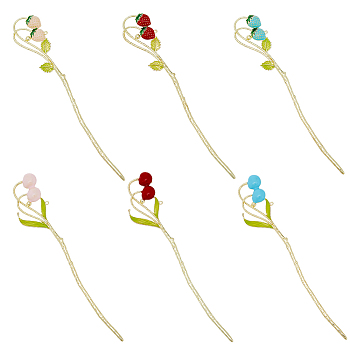 6Pcs 6 Style Strawberry & Cherry Alloy Enamel Hair Sticks, with Loop, Hair Accessories for Woman, Mixed Color, 179~180x31~33x5~5.5mm, Hole: 1.5~1.8mm, 1pc/style