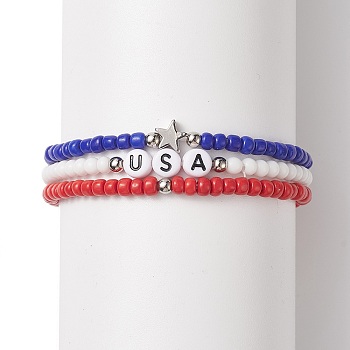 3Pcs 3 Style Independence Day Glass Beaded Stretch Bracelets Set, Word USA Acrylic & Alloy Star Stackable Bracelets for Women, Mixed Color, Inner Diameter: 2-1/8 inch(5.5cm), 1Pc/style
