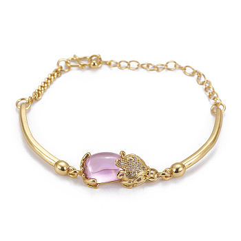 Golden Tone Brass Link Bracelets, with Glass and Cubic Zirconia, Pi Xiu, Pearl Pink, 7-5/8 inch(19.5cm), 2.5~3mm