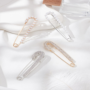 4Pcs 4 Styles Alloy Safety Pin Brooches,with Rhinestone and Plastic, Alloy Sweater Shawl Clips for Women, Platinum & Golden, 72.5~76x18~19x9~12mm, Hole: 5mm, 1pc/style