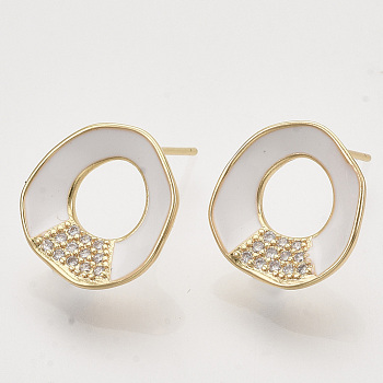 Brass Micro Pave Cubic Zirconia Stud Earring Findings, Enamel and Loop, Nickel Free, Real 18K Gold Plated, Ring, White, 15x14.5mm, Hole: 1mm, Pin: 0.7mm