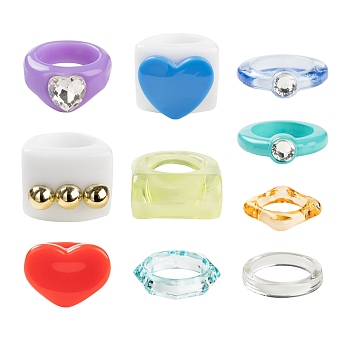 18Pcs Acrylic Finger Rings, Octagon & Rectangle & Heart & Square, Mixed Color, 10 style/box