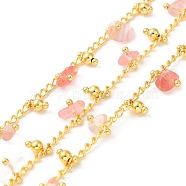 Handmade Synthetic Cherry Quartz Glass Beaded Chains, Real 18K Gold Plated Brass Twist Chains, Soldered, with Spool, Cadmium Free & Lead Free, Chain Link: 2.5x2x0.5mm, Gemstone: 7x6~10.5x4.5~mm(CHC-M024-01G-01)