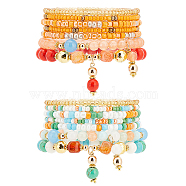 Elite 2 Sets 2 Style Natural Dyed Malaysia Jade & Agate & Glass Seed Beaded Stretch Bracelets Set, Brass Bowknot Charms Stackable Bracelets for Women, Mixed Color, Inner Diameter: 2~2-1/8 inch(5.15~5.5cm), 7pcs/set, 1 set/style(BJEW-PH0004-29)