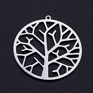 201 Stainless Steel Pendants, Filigree Joiners Findings, Laser Cut, Flat Round with Tree, Stainless Steel Color, 37x34.5x1mm, Hole: 1.5mm(STAS-S105-JN891-1)