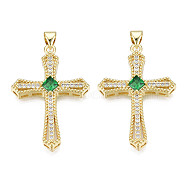 Brass Micro Pave Cubic Zirconia Pendants, with Brass Snap on Bails, Real 18K Gold Plated, Nickel Free, Cross, Green, 35.5x24x5.5mm, Hole: 3x5mm(KK-N227-86C)