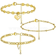 Anklets Sets, with Brass Micro Pave Cubic Zirconia Charms, 304 Stainless Steel Chain Extender & Figaro Chains & Pendant  & Lobster Claw Clasps & Cable Chains & Coffee Bean Chains, Letter.V, 9x6x1.5mm, 8-1/2 inch(21.5cm), 3pcs/set(AJEW-AN00383-22)