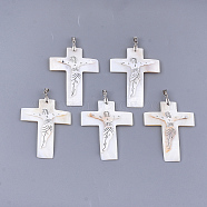 Freshwater Shell Big Pendants, with Brass Findings, Cross, Platinum, 63~65x46.5~48.5x3~4mm, Hole: 6x4mm(SHEL-S275-09)