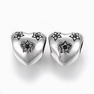 304 Stainless Steel European Beads, Rhinestone Settings, Large Hole Beads, Heart with Star, Antique Silver, 11x11x8mm, Hole: 5mm, Fit For 1mm Rhinestone(STAS-O095-13AS)