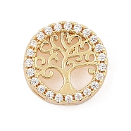 Brass Micro Pave Clear Cubic Zirconia Slide Charms, Long-Lasting Plated, Flat Round with Tree, Golden, 13x13x4.5mm, Hole: 10x1.5 and 1.5x1.5mm(ZIRC-I068-31G)