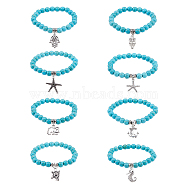 8Pcs 8 Style Synthetic Turquoise Round Beaded Stretch Bracelets Set with Alloy Charms, Anchor & Sea Horse & Owl & Hamsa Hand, Inner Diameter: 2~2-1/4 inch(5~5.6cm), 1Pc/style(BJEW-FI0001-83)