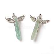 Natural Green Aventurine Big Pendants, with Rhinestone and Brass Findings, Angel with Bullet, Platinum, 53.5~56x34x9.5~10.5mm, Hole: 2mm(G-F586-A01)