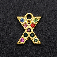 Alloy Rhinestone Charms, Golden, Colorful, Letter, Letter.X, 11x9x2mm, Hole: 1.5mm(PALLOY-S098-DA019-X)