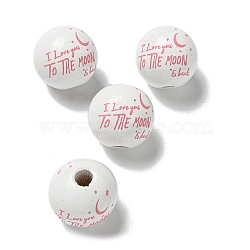 Printed Wood European Beads, Round with Word Pattern, Light Coral, 15.5~16mm, Hole: 4~4.5mm(WOOD-G022-20G)