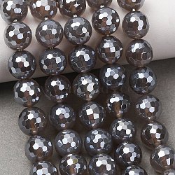 Electroplated Natural Agate Beads Strands, Round, Faceted, Pearl Luster Plated, Gray, 9.5~10mm, Hole: 1.2~1.4mm, about 38pcs/strand, 14.65''~14.96''(37.2~38cm)(G-B191-A07-10mm-05)