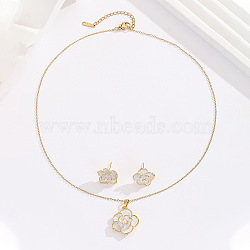 Brass Enamel Flower Pendant Necklaces & Stud Earrings Sets for Women, with Imitation Pearl, White, 400~450mm(FS-WG71802-01)