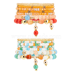 PandaHall Elite 2 Sets 2 Style Natural Dyed Malaysia Jade & Agate & Synthetic Turquoise & Glass Seed Beaded Stretch Bracelets Set, Stackable Bracelets for Women, Mixed Color, Inner Diameter: 2~2-1/8 inch(5.15~5.5cm), 7pcs/set, 1 set/style(BJEW-PH0004-29)