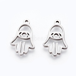 201 Stainless Steel Pendants, Manual Polishing, Hamsa Hand/Hand of Miriam with Eye, Stainless Steel Color, 17x11x1.5mm, Hole: 1.2mm(STAS-F231-032P)