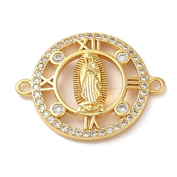 Religion Brass Pave Clear Cubic Zirconia Connector Charms, Virgin Mary Links, Real 16K Gold Plated, Flat Round, 19x24x3.5mm, Hole: 1.5mm(FIND-Z041-13A)