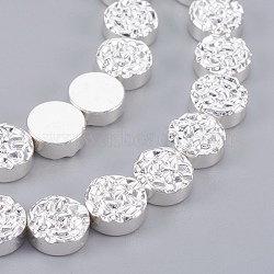 Electroplated Non-magnetic Synthetic Hematite Beads Strands, Textured Flat Round, Silver Plated, 10x4mm, Hole: 1mm, about 40pcs/strand, 15.94 inch(40.5cm)(G-E498-22C)