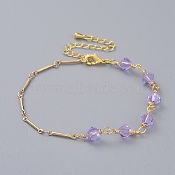 Bicone Austrian Crystal Beaded Bracelets, with Real 18K Gold Plated Brass Bar Link Chains, Brass Chain Extender and Lobster Claw Clasps, Lilac, 7-1/4 inch(18.5cm)(BJEW-JB04806-03)