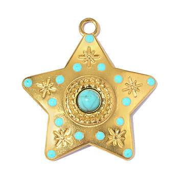 304 Stainless Steel Pave Synthetic Turquoise Pendants, Star Charm, with Enamel, Ion Plating(IP), Long-Lasting Plated, Real 18K Gold Plated, Turquoise, 32x30mm