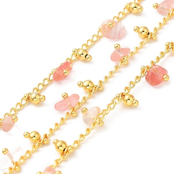 Handmade Synthetic Cherry Quartz Glass Beaded Chains, Real 18K Gold Plated Brass Twist Chains, Soldered, with Spool, Cadmium Free & Lead Free, Chain Link: 2.5x2x0.5mm, Gemstone: 7x6~10.5x4.5~mm