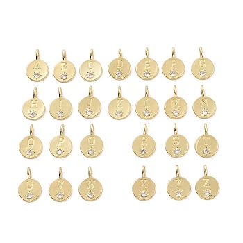Eco-friendly Rack Plating Brass Micro Pave Cubic Zirconia Alphabet Pendants, Cadmium Free & Lead Free, Long-Lasting Plated, Flat Round with Sun & Letter A~Z Charm, Real 18K Gold Plated, 17.5x11.5x4.5mm, Hole: 2.5x4.5mm, 26 styles, 1pc/style, 26pcs/set