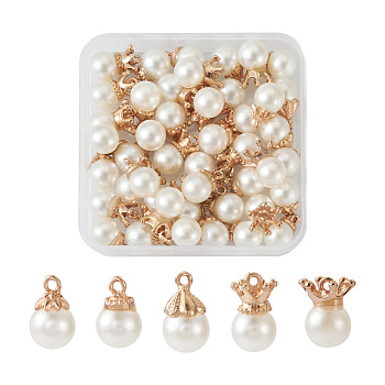 50Pcs 5 Styles Resin Imitation Pearl Pendants, with Alloy Findings, Mixed Shapes, Light Gold, 7.5~15.5x10~12x10~10.5mm, Hole: 1.2~1.6mm, 10pcs/style
