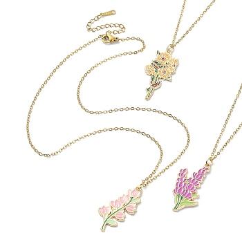3Pcs 3 Style Alloy Enamel Flower Pendant Necklaces Set with 304 Stainless Steel Chains, Mixed Color, 15.94~16.14 inch(40.5~41cm), 1Pc/style