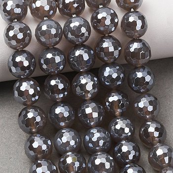 Electroplated Natural Agate Beads Strands, Round, Faceted, Pearl Luster Plated, Gray, 9.5~10mm, Hole: 1.2~1.4mm, about 38pcs/strand, 14.65''~14.96''(37.2~38cm)