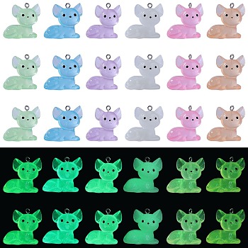 30Pcs 6 Colors Luminous Transparent Resin Pendants, Glow in the Dark 3D Cat Charms, with 304 Stainless Steel Loops, Mixed Color, 27x27x17.5mm, Hole: 2mm, 5pcs/color