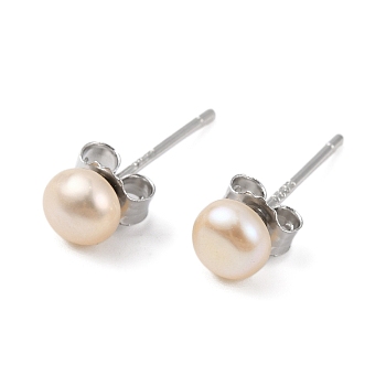 Natural Pearl Round Bead Stud Earrings, with Real Platinum Plated 925 Sterling Silver Findings, Blanched Almond, 14x4~5mm