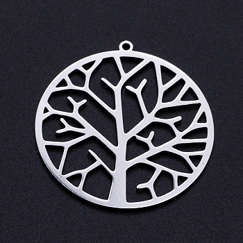 201 Stainless Steel Pendants, Filigree Joiners Findings, Laser Cut, Flat Round with Tree, Stainless Steel Color, 37x34.5x1mm, Hole: 1.5mm