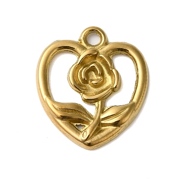 Ion Plating(IP) 304 Stainless Steel Charms, Heart with Flower Pendants, Real 18K Gold Plated, Fit for 1.1mm Rhinestone, 18x16x2mm, Hole: 1.6mm