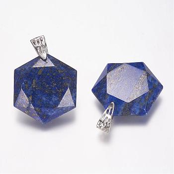 Natural Lapis Lazuli Gemstone Pendants, Faceted, Hexagram, Platinum, 41x28x9mm, Hole: 5x9mm