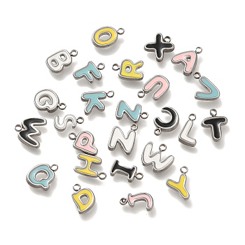 304 Stainless Steel Charms, with Enamel, Letter Charm, Stainless Steel Color, Letter A~Z, 7~8.5x4.5~8x1mm, Hole: 1mm, 26pcs/set