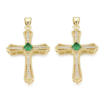 Brass Micro Pave Cubic Zirconia Pendants, with Brass Snap on Bails, Real 18K Gold Plated, Nickel Free, Cross, Green, 35.5x24x5.5mm, Hole: 3x5mm