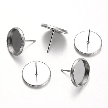 Flat Round 304 Stainless Steel Stud Earring Settings, Stainless Steel Color, Tray: 12mm, 14mm, Pin: 0.7mm